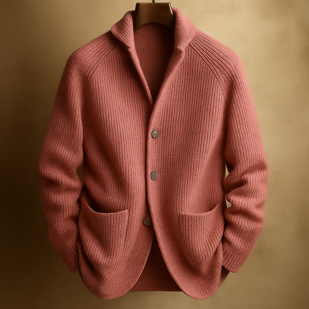 Close-up detail of the ribbed knit texture and button closure on the Florian men's wool blend cardigan.