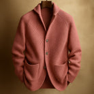 Close-up detail of the ribbed knit texture and button closure on the Florian men's wool blend cardigan.