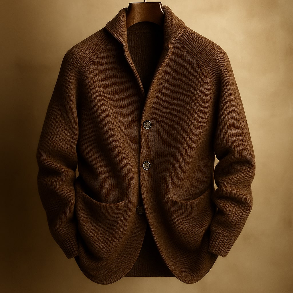 Back view of the Florian men's wool blend cardigan, emphasizing its clean lines and structured design.