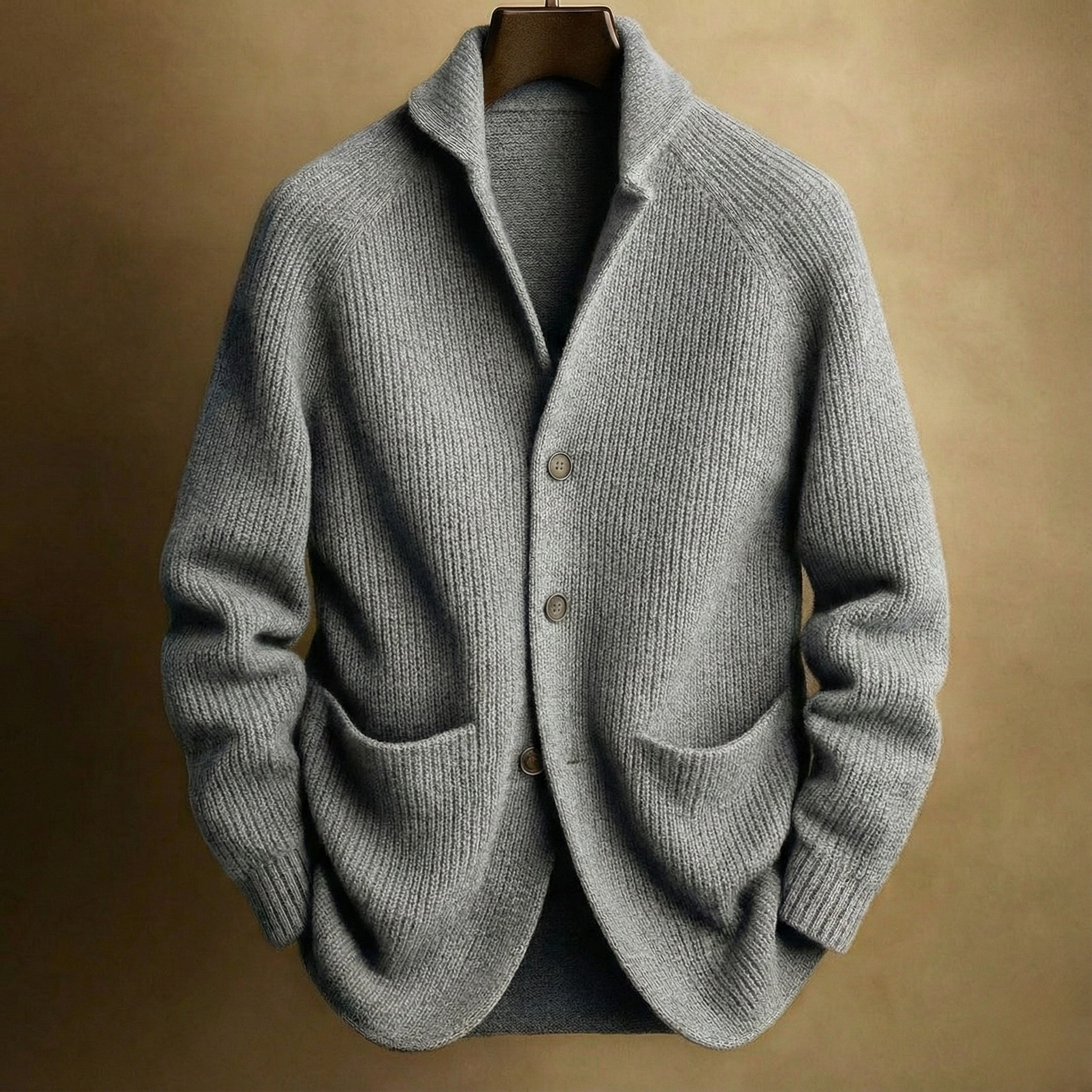 Lifestyle shot of the Florian men's wool blend cardigan paired with a casual outfit, in an outdoor setting.