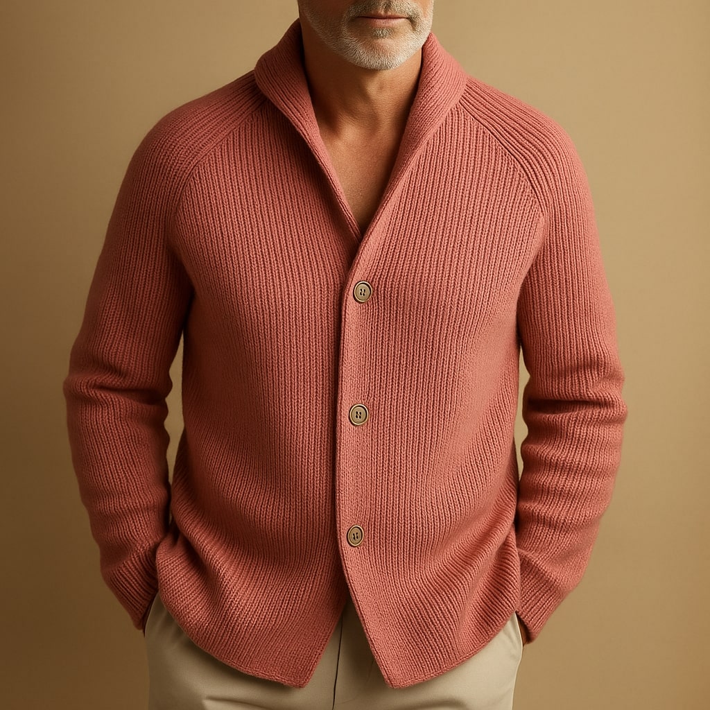 Man adjusting the buttons of the Florian men's wool blend cardigan, demonstrating its adjustable closure.