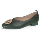 Red square-toe flats neatly arranged in a row, displaying the range of available color options.