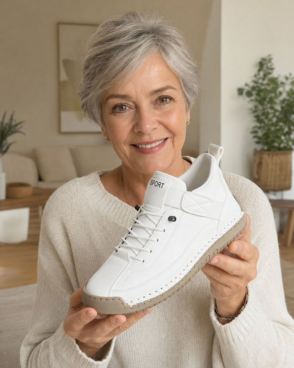 Holding the white Clover sneaker