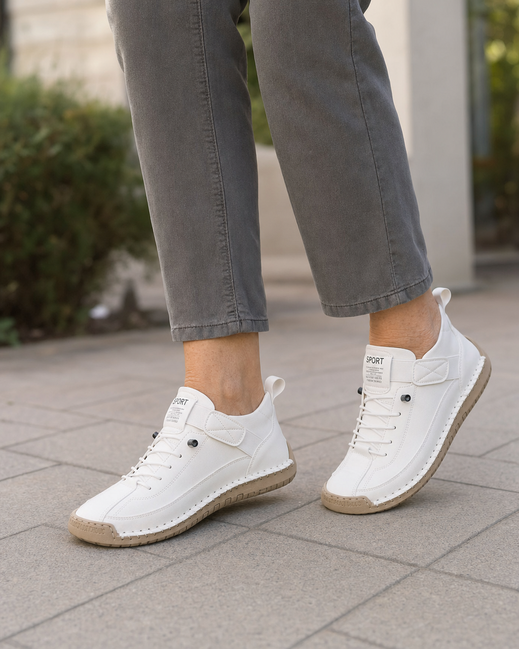 Walking in the white Clover sneakers