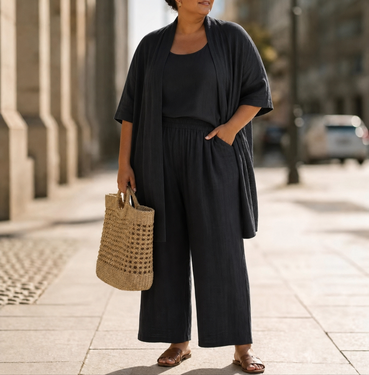 Model wearing the wide-leg trousers from the Hadassah set with a tucked tee, demonstrating mix-and-match versatility.
