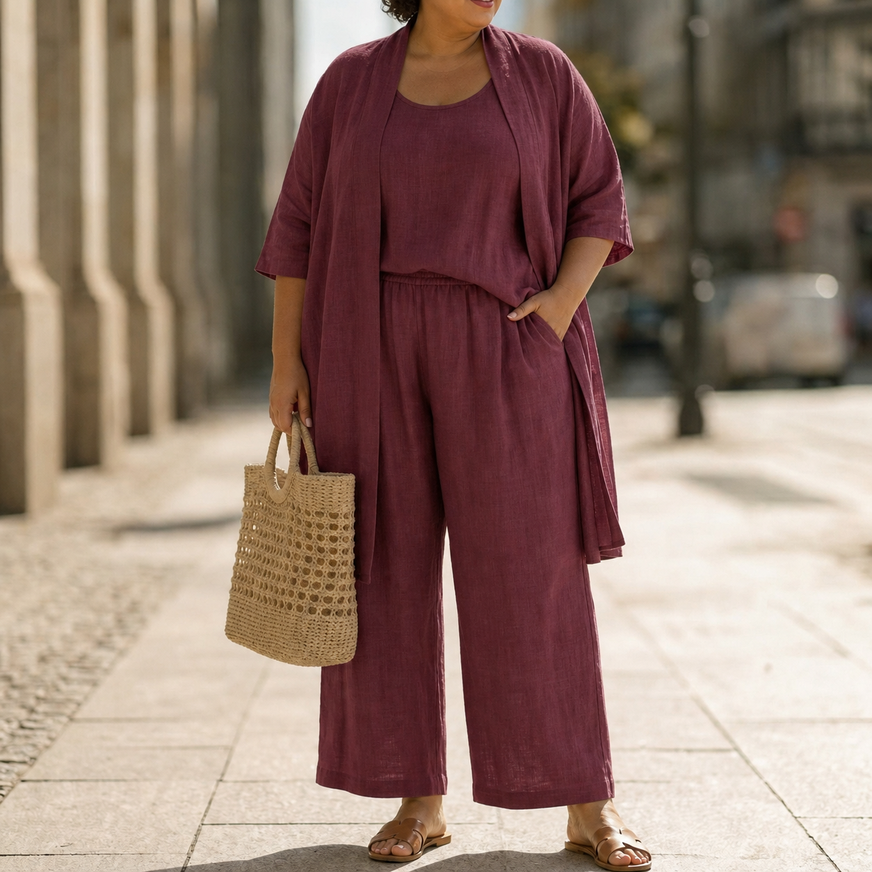 Back view of the Hadassah three-piece set in black, showing the flow of the vest and trousers.