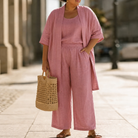 Lifestyle shot of the Hadassah elegant three-piece set in white, styled for a chic, comfortable look.