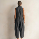 Close-up detail of the partial button placket and stand-up collar on the versatile sleeveless jumpsuit.