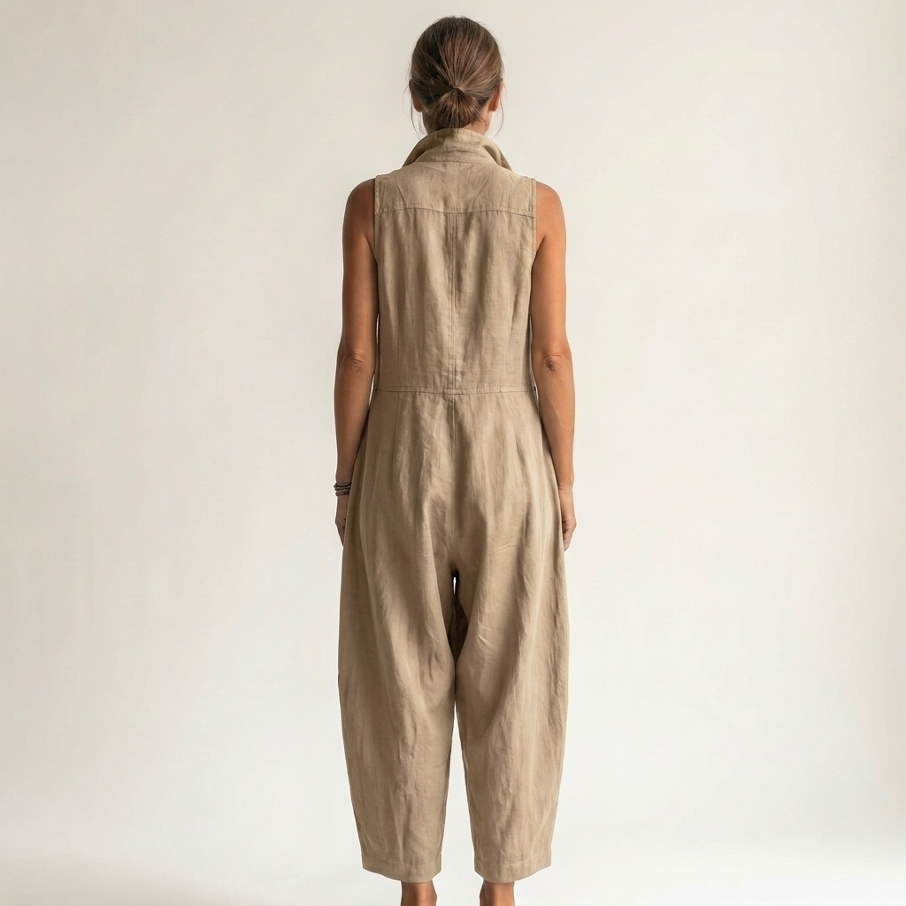 Detailed shot of the functional chest pocket on the stylish sleeveless jumpsuit, perfect for essentials.