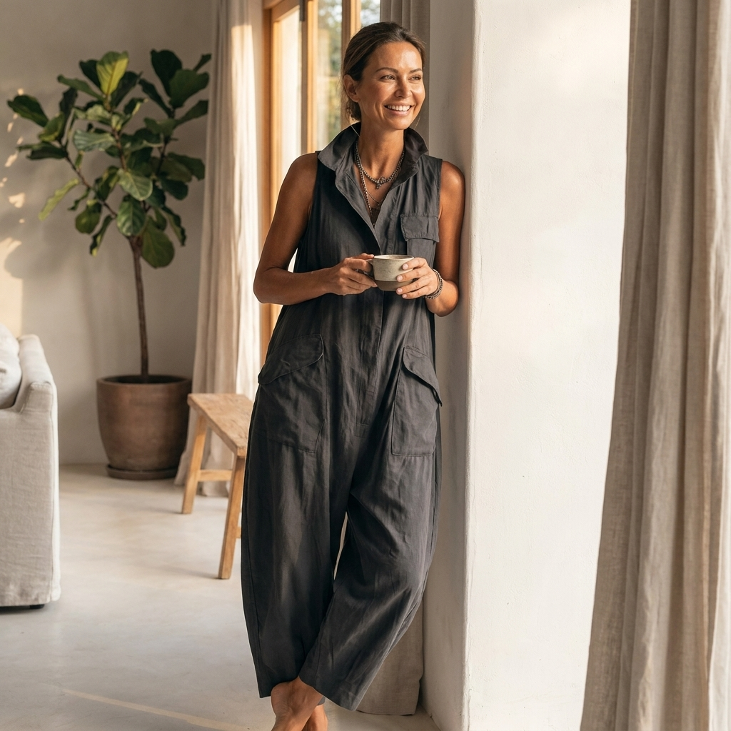 Side profile of the olive green sleeveless jumpsuit, highlighting the dropped-crotch wide-leg silhouette and rolled ankle cuff.