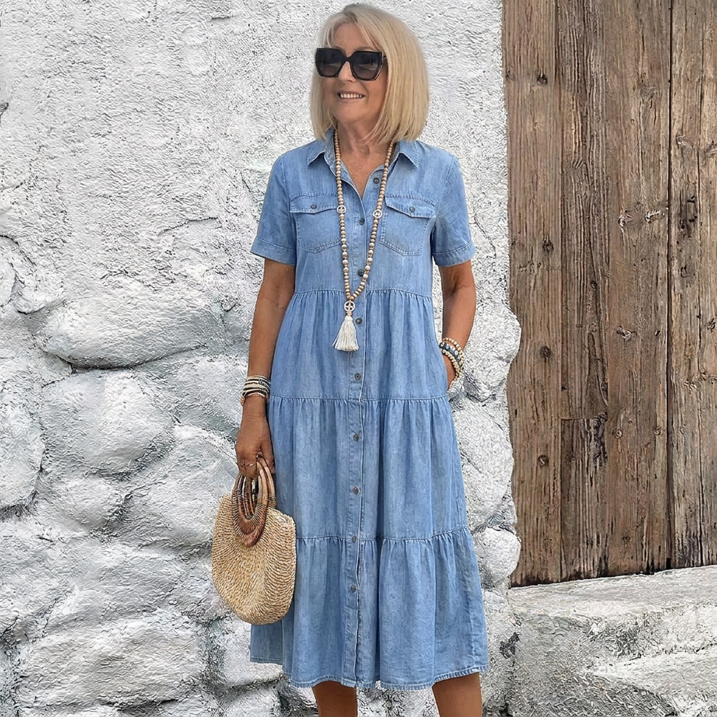 Front view of a woman wearing the Sky Blue Odelia tiered midi dress, showcasing its relaxed fit and button-front design.