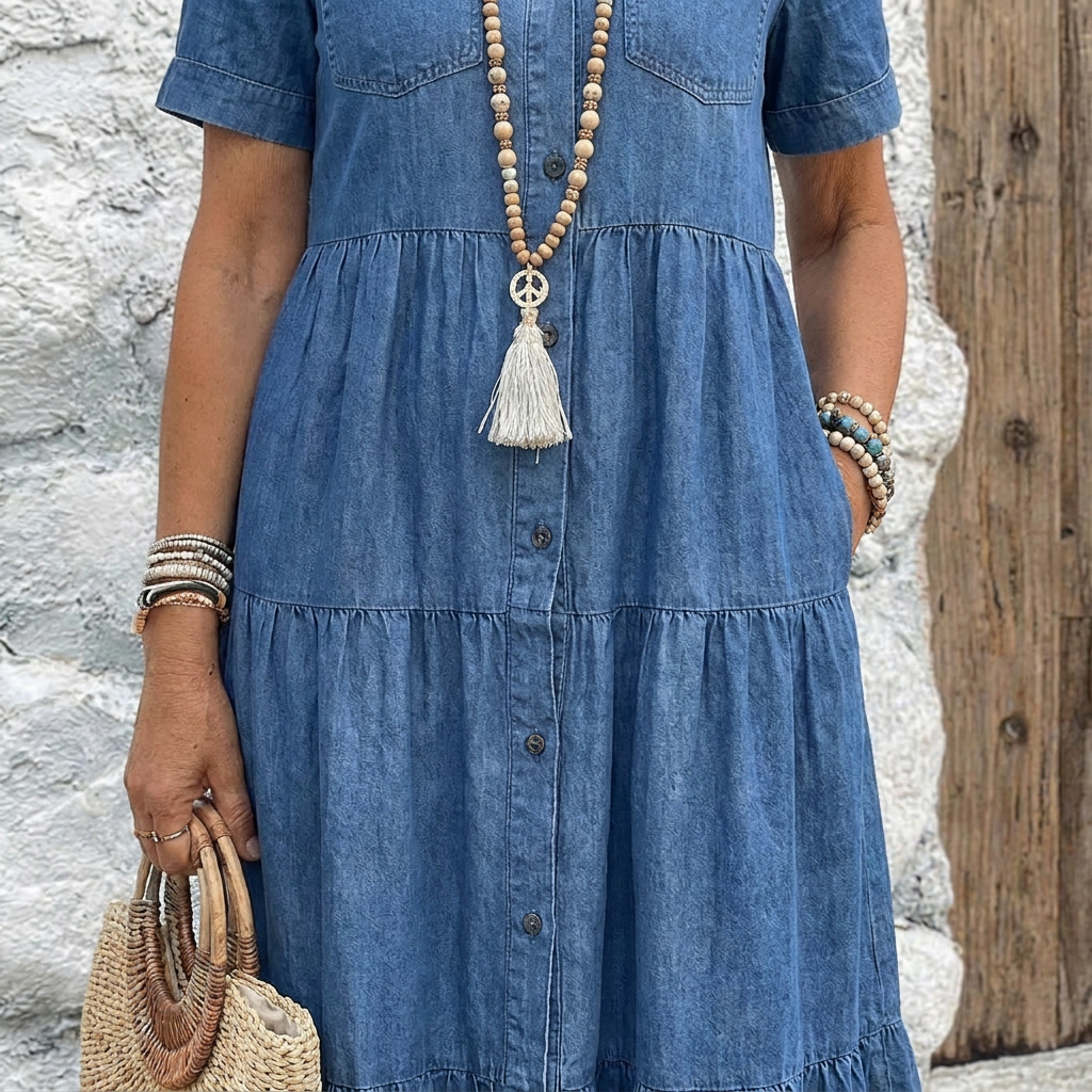 Side view of a woman styling the Odelia tiered midi dress with sandals, highlighting its comfortable midi length.