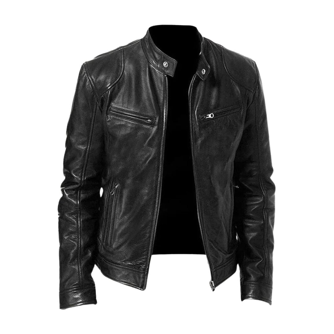 Front view of the Hugo men's leather jacket in black, showcasing its classic design.
