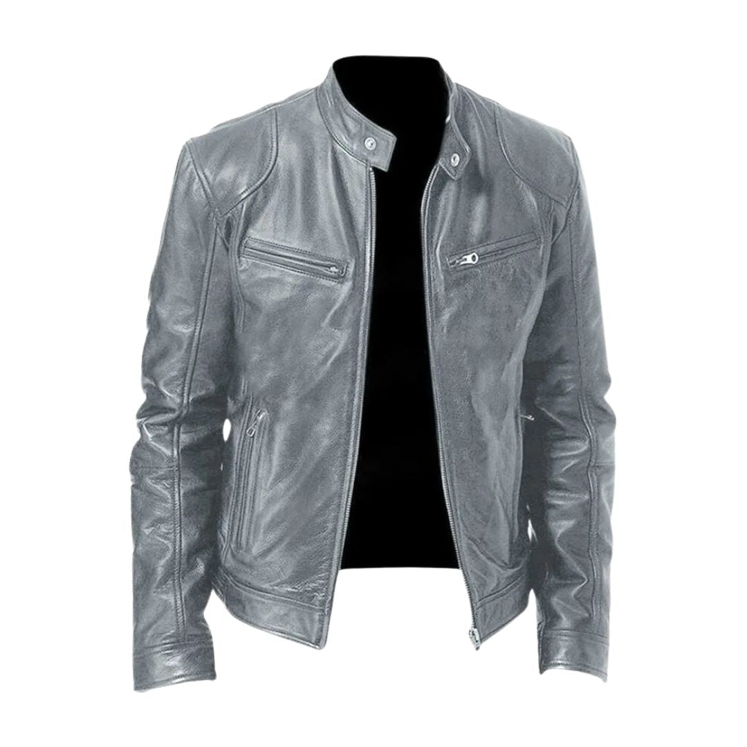 Detail of the sleeve cuff and button closure on the Hugo leather jacket.
