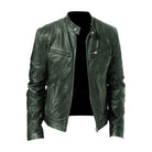 Full-length shot of the Hugo men's leather jacket in burgundy, draped elegantly.