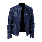Model walking, wearing the Hugo men's leather jacket in grey, demonstrating movement.