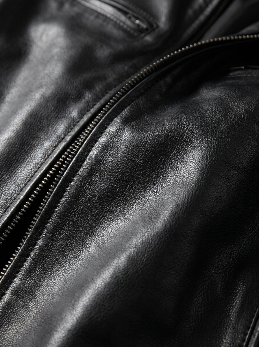 Side profile of the Hugo men's leather jacket, highlighting the tailored fit and arm details.