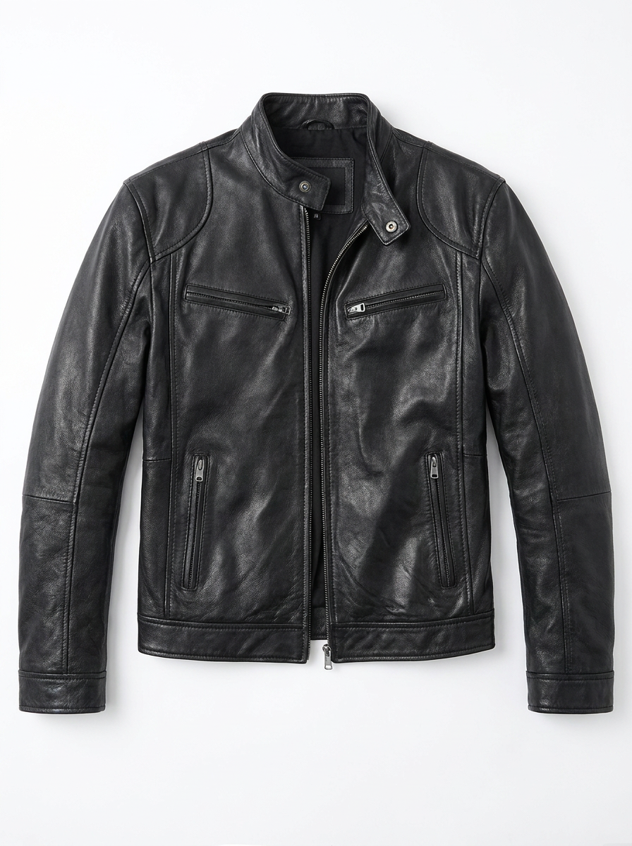 Back view of the Hugo men's leather jacket, emphasizing the clean lines and quality stitching.