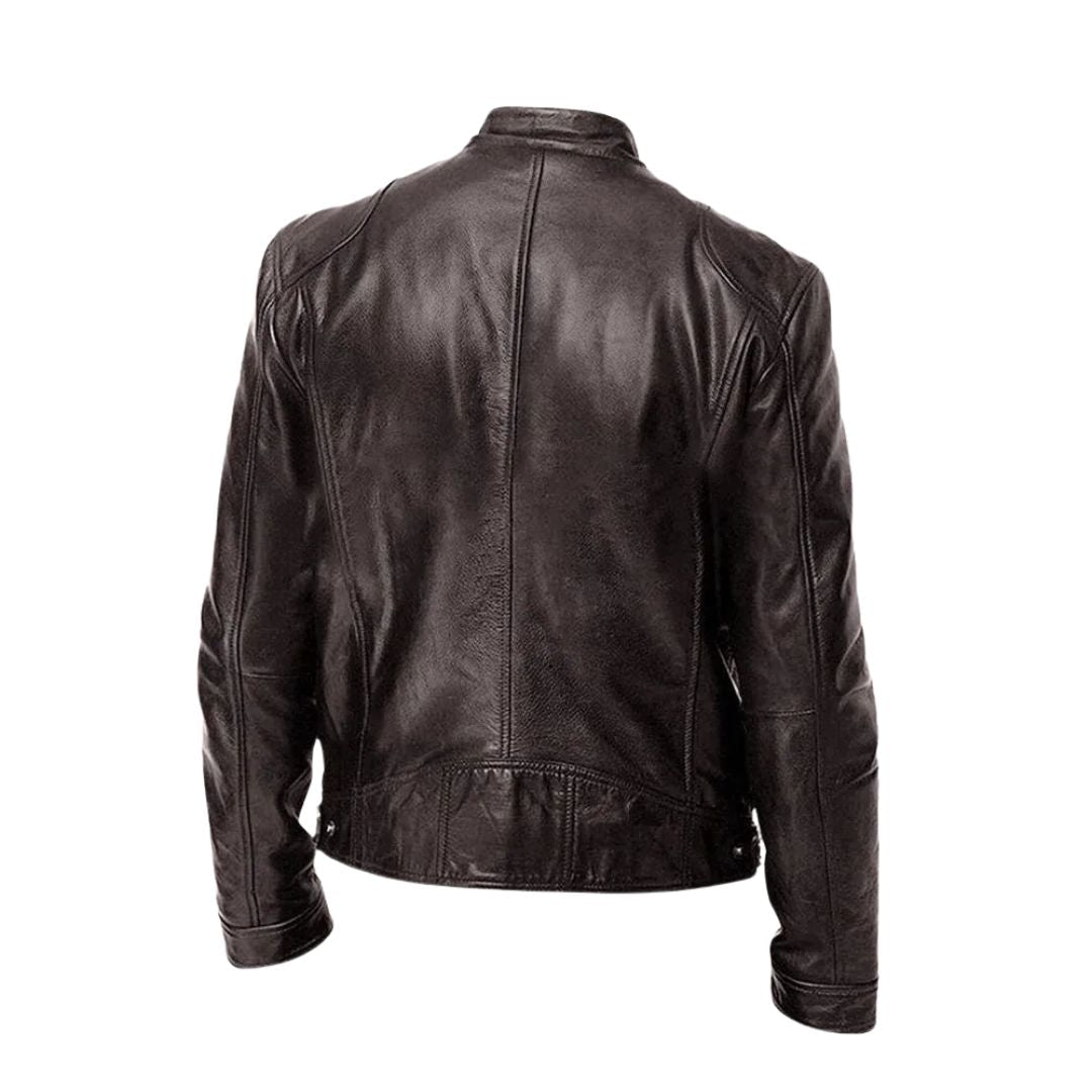 Hugo men's leather jacket in dark brown, displayed on a hanger to show its full form.