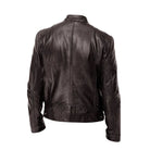 Hugo men's leather jacket in dark brown, displayed on a hanger to show its full form.