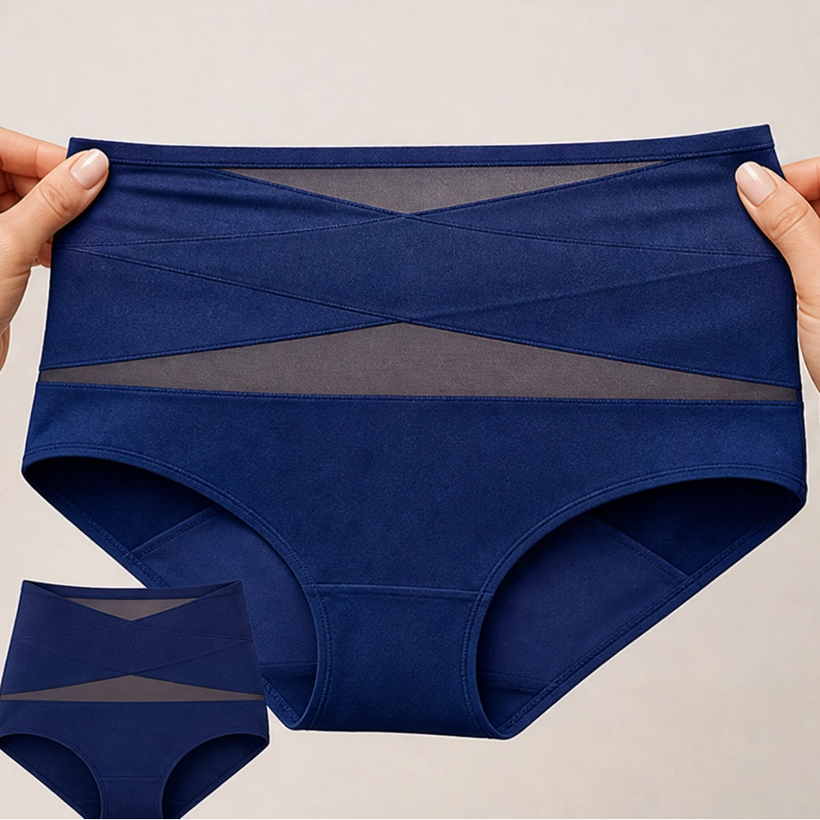 Shaping underwear in blue, folded neatly on a light surface, ready for comfortable wear.