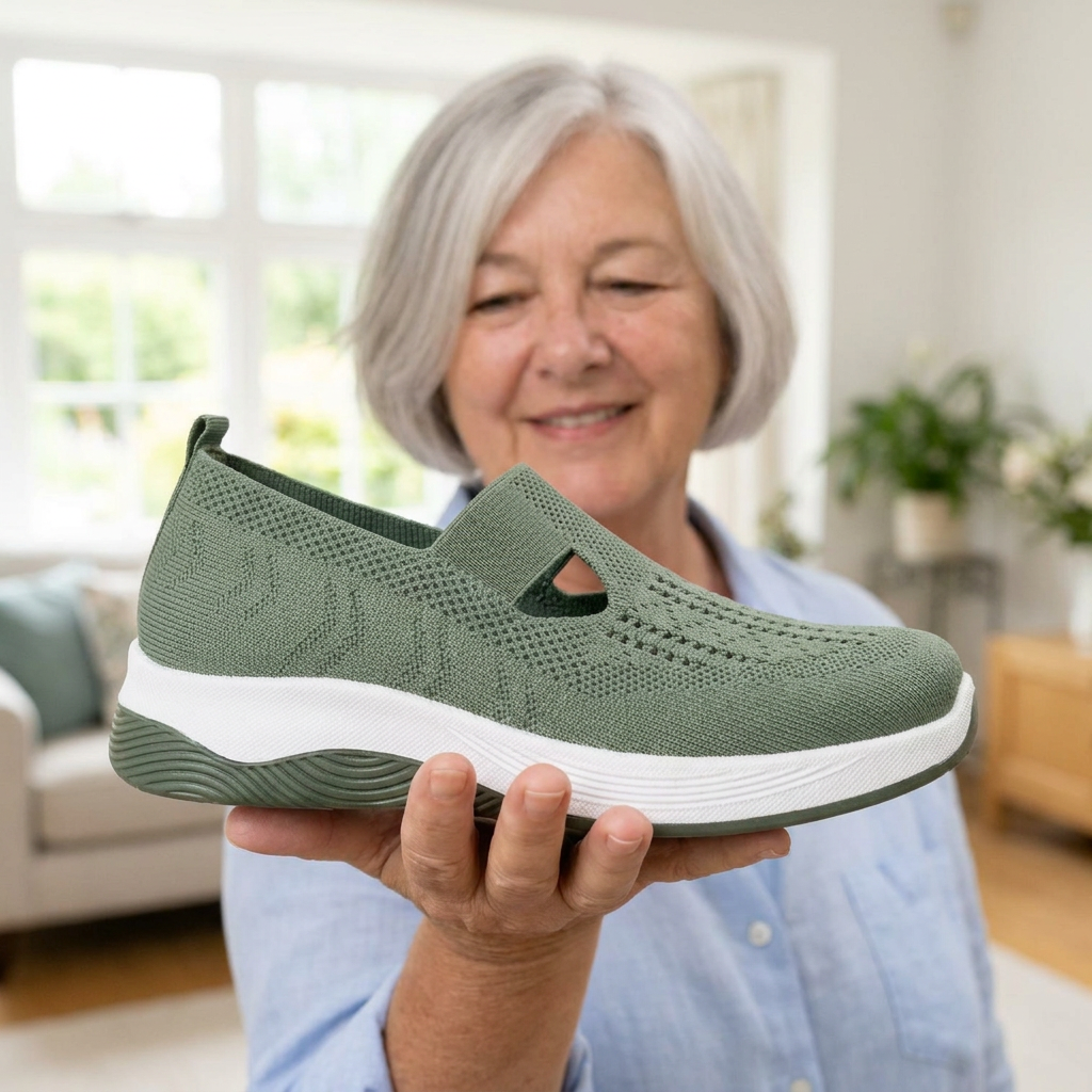 A woman holding the green Carry orthopaedic slip-on flat on her open hand