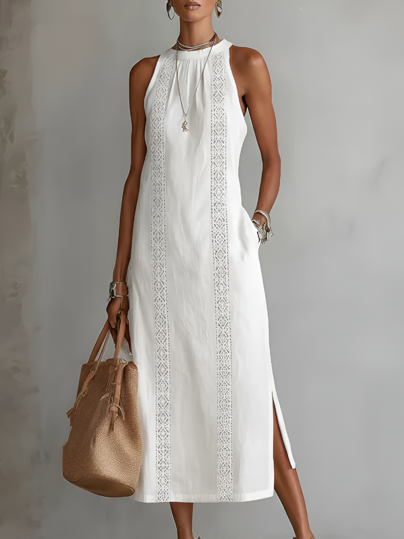 Front view of the Adara elegant midi dress in white, showcasing its loose fit and Mao collar.