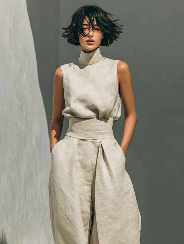 Close-up of the front pleats on the light blue cotton trousers, highlighting the fabric texture and elegant drape.