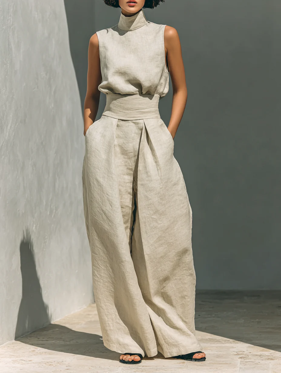 Side profile of olive green wide-leg trousers, emphasizing the spacious leg design and smooth lines for comfort.