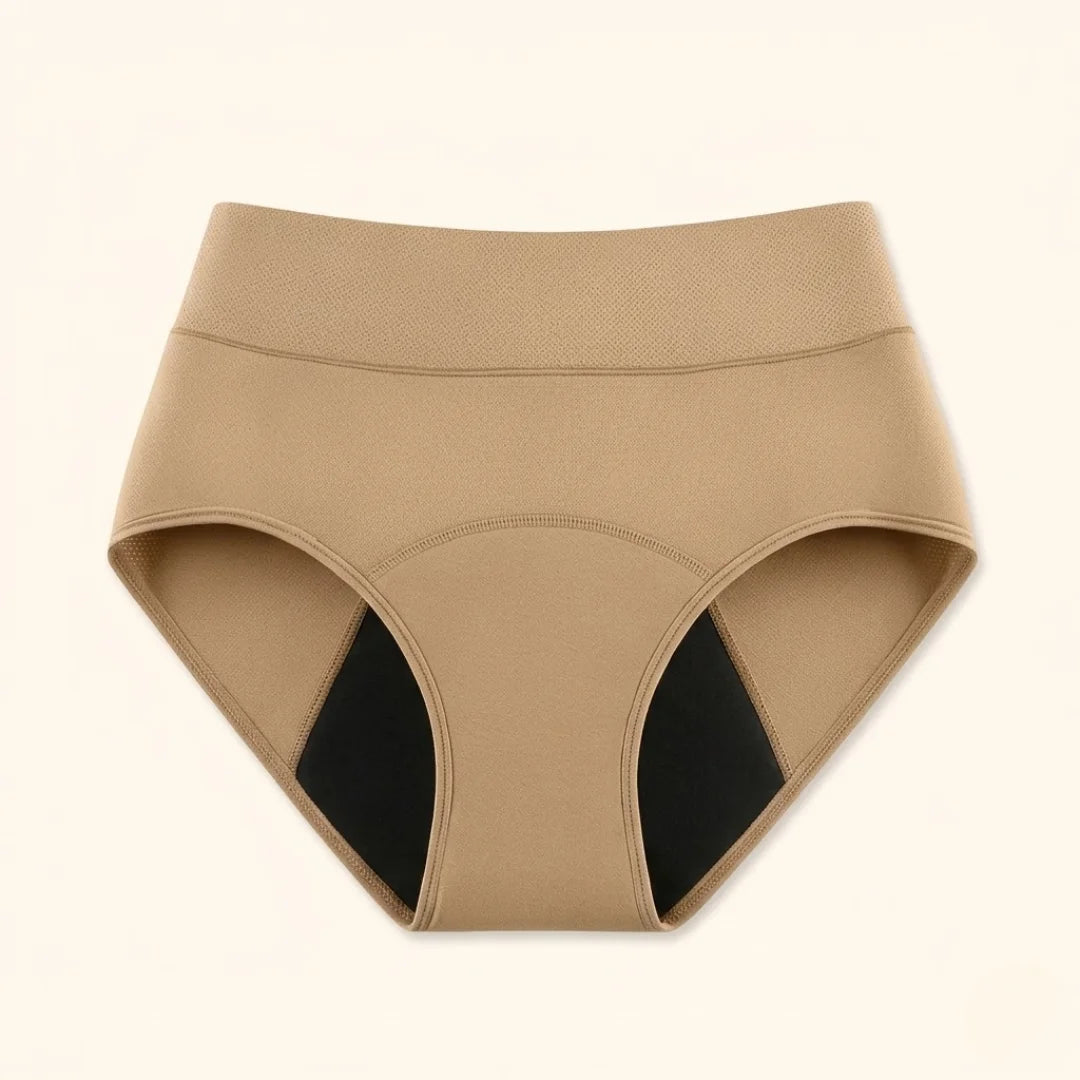 Front view of black Inez leak-proof protective underwear on a neutral background, highlighting its smooth fabric.
