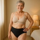 Comparison image showing the slim profile of Inez leak-proof underwear next to regular underwear, highlighting discretion.