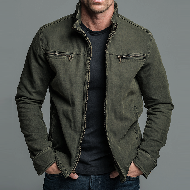 Front view of a man wearing the Kian Rugged Thermal Jacket in a deep green, showcasing its sturdy cotton-blend fabric and classic collar.