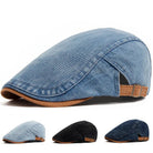 Front view of the Kian classic denim flat cap in dark blue, showcasing its structured design.