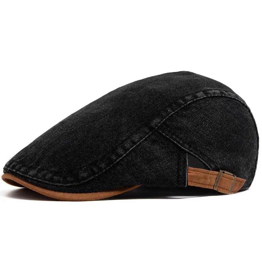 Detail of the internal lining and branding tag inside the Kian classic denim flat cap.