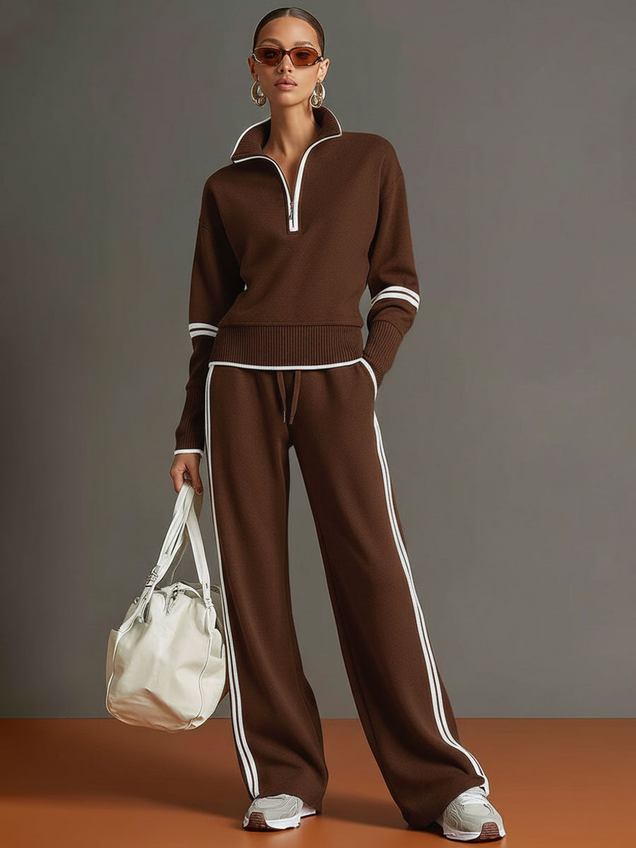 Lifestyle shot of a woman walking outdoors, illustrating the graceful movement of the wide-leg pants.