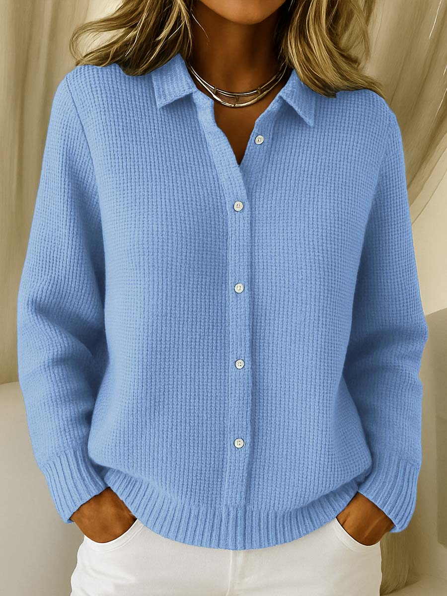 Front view of the Lila Classic Button-Up Cardigan in a solid color, showcasing its fine knit texture and classic collar.