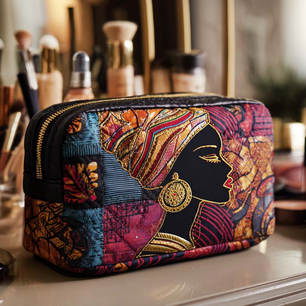 Front view of the Lila quilted cosmetic bag in a vibrant radiant motif print, showcasing its elegant design and textured surface on a plain background.