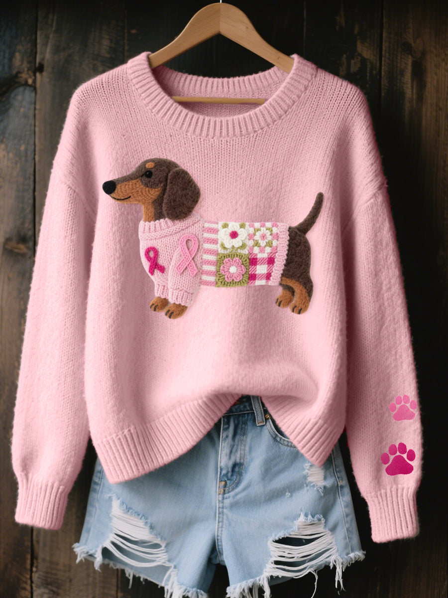 Front view of a woman wearing the Lila t-shirt with a dachshund felt pattern, showcasing its relaxed fit.