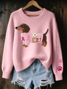Front view of a woman wearing the Lila t-shirt with a dachshund felt pattern, showcasing its relaxed fit.