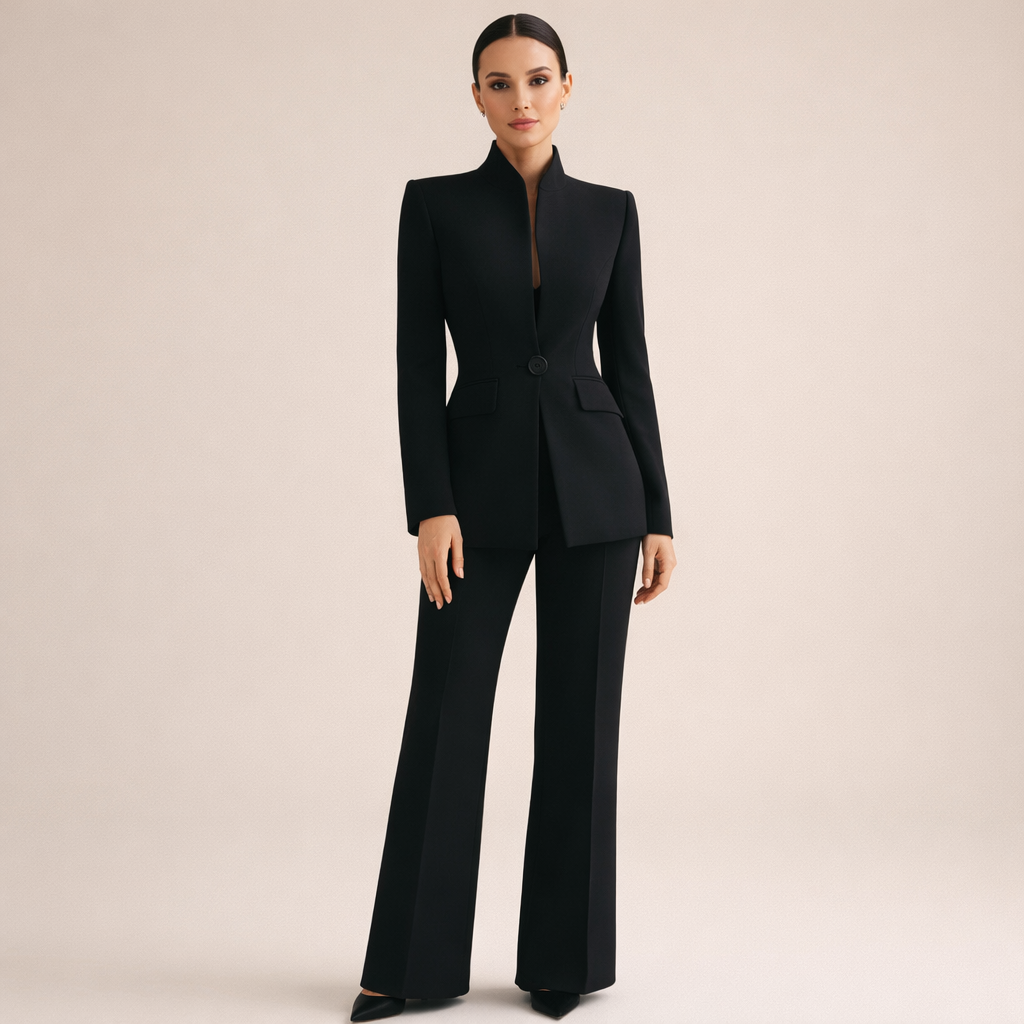 Front view of Lila elegant tailored pants in black, showcasing the straight-leg design.