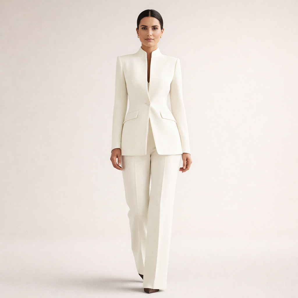 Close-up detail of the subtle flap pocket on the Lila elegant tailored pants.