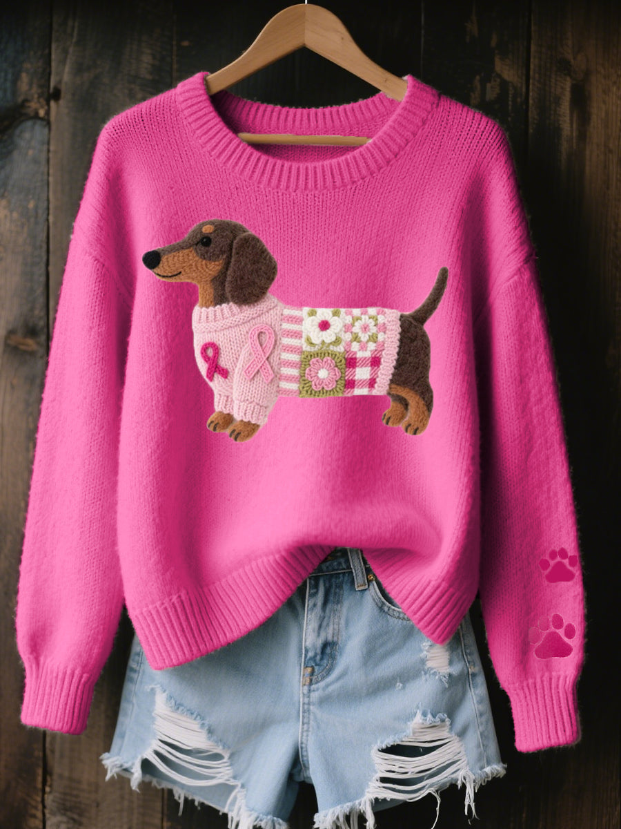Close-up of the adorable dachshund felt pattern on the Lila t-shirt, highlighting the pink bow detail.