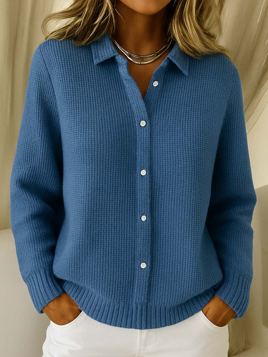 Side profile of a woman wearing the Lila Classic Button-Up Cardigan, highlighting its loose fit and how it drapes comfortably.
