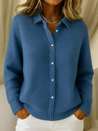 Side profile of a woman wearing the Lila Classic Button-Up Cardigan, highlighting its loose fit and how it drapes comfortably.