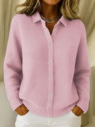 Close-up detail of the button closure and knit pattern on the Lila Classic Button-Up Cardigan.