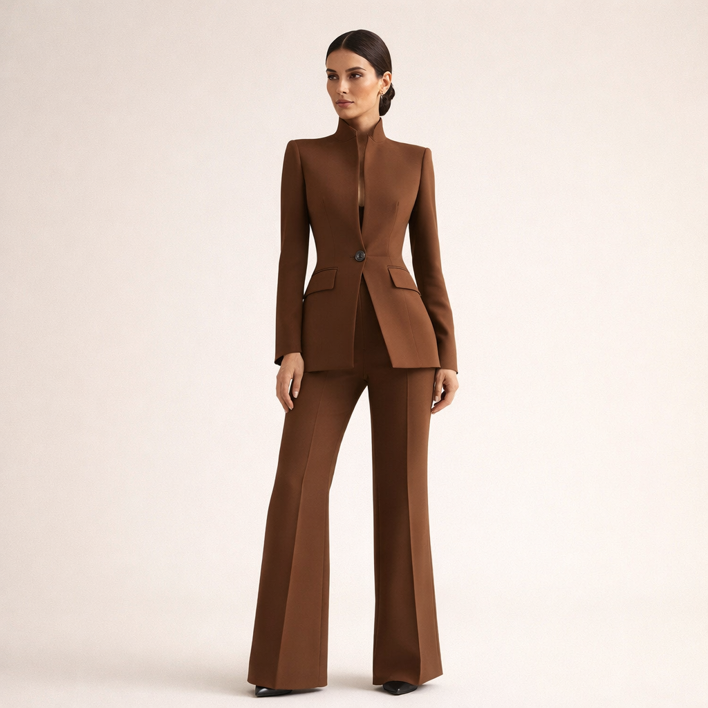 Lifestyle shot of a woman wearing Lila elegant tailored pants in a professional setting.