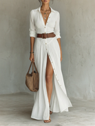 Front view of a white Linnea linen blend maxi dress, showcasing the lapel collar and long sleeves.