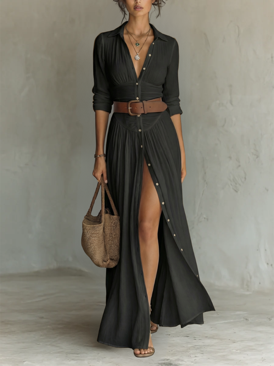 Back view of a brown Linnea linen blend maxi dress, emphasizing the flowing silhouette and full length.