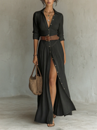 Back view of a brown Linnea linen blend maxi dress, emphasizing the flowing silhouette and full length.