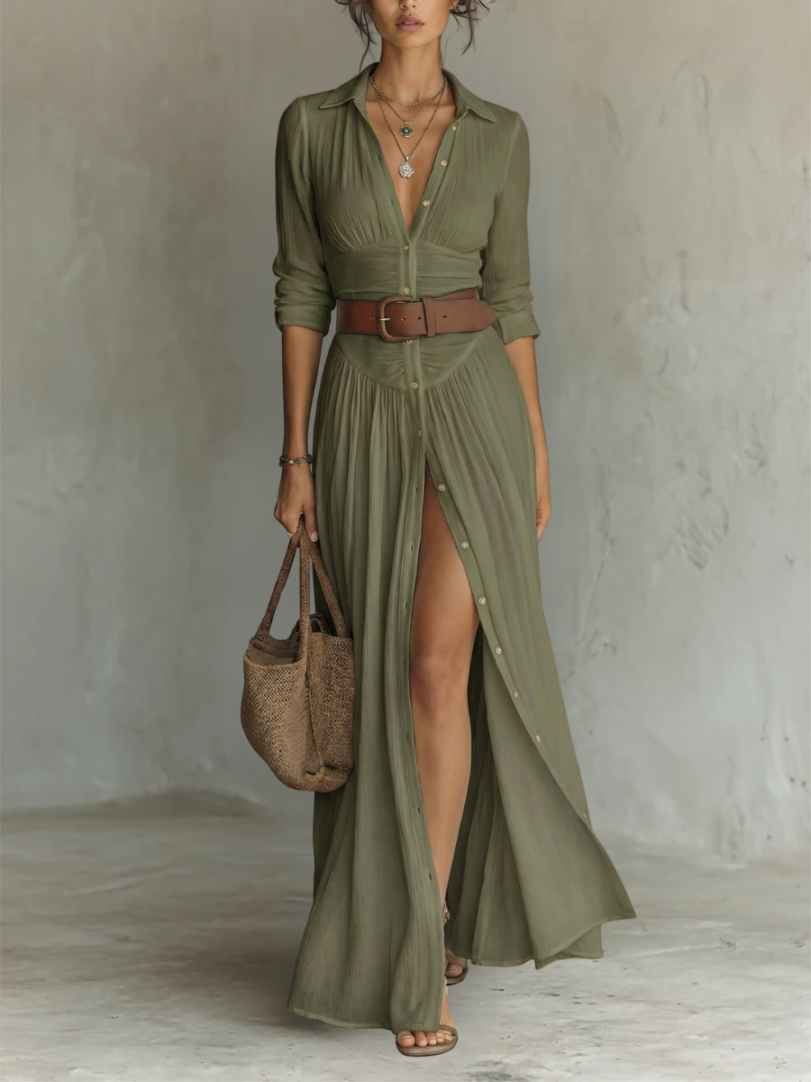 Lifestyle shot of a woman walking in a white Linnea linen blend maxi dress, styled with accessories.